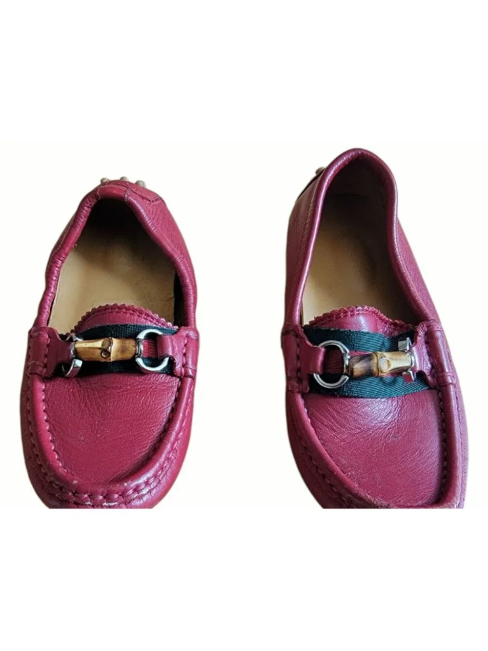 Gucci Kids Boys Bamboo Web Scarlet Red Leather Driving Moccasins EU L 25 R 26